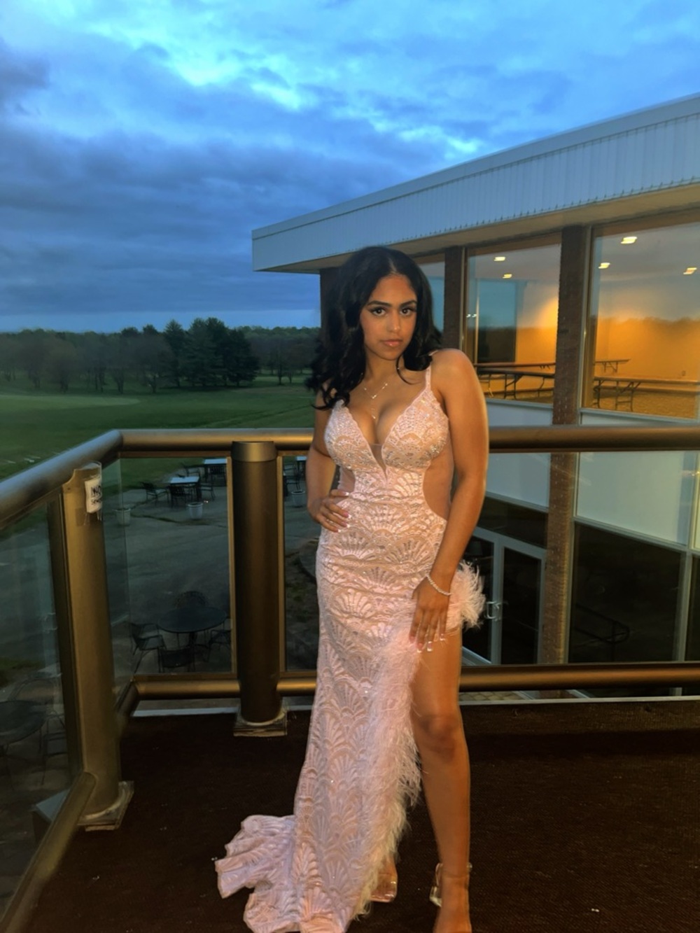 Jovani Blush Pink Lace Evening Gown with Feather Trim